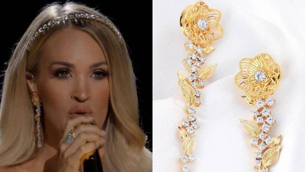 Penyanyi country Carrie Underwood mengenakan anting yellow gold dan white gold dengan motif bunga buatan UBS Gold. (Foto: Dok. UBS Gold)