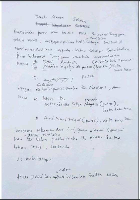 Bukti berita acara hasil seleksi Paskibraka tingkat Sultra.