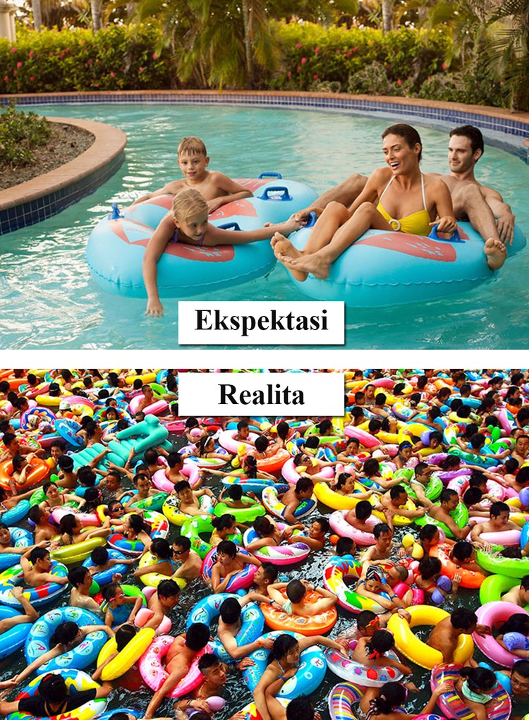 Ekspektasi vs Realita Ketika Traveling, Kirain Sepi Ternyata... Saat akan jalan-jalan bersama dengan keluarga, yang ada dibenak kita pasti tempatnya bakal sepi sesuai dengan foto yang dibagikan orang-orang. Tapi ternyata...
