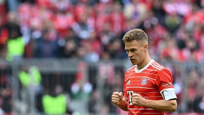 Bayern Munichs midfielder Joshua Kimmich reacts after the German first division Bundesliga football match between FC Bayern Munich and Hertha Berlin in Munich, southern Germany on April 30, 2023. (Photo by Christof STACHE / AFP) / DFL REGULATIONS PROHIBIT ANY USE OF PHOTOGRAPHS AS IMAGE SEQUENCES AND/OR QUASI-VIDEO
