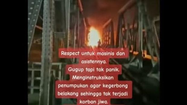 Video viral masinis KA Brantas berjalan berlatar kobaran api. Foto diunggah Rabu (19/7/2023).