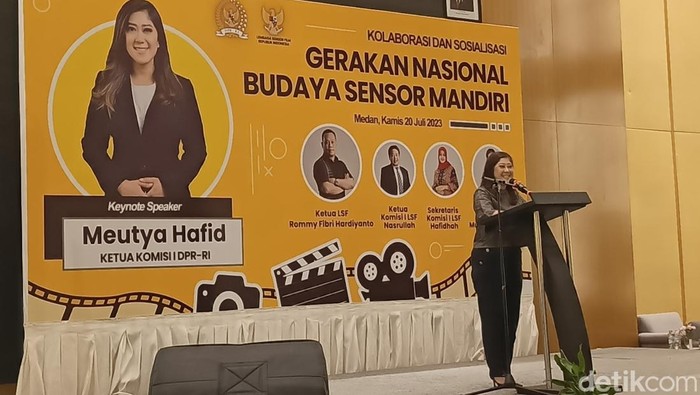 Ketua Komisi I DPR RI Meutya Hafid saat acara Gerakan Nasional Budaya Sensor Mandiri di Medan