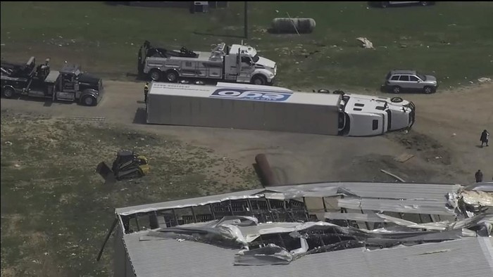 The Pfizer plant is damaged after severe weather passed the area on Wednesday, July 19, 2023 in Rocky Mount, N.C.  (WTVD via AP)