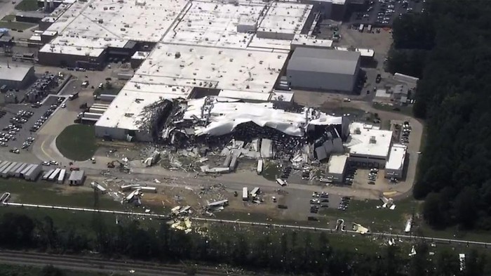 The Pfizer plant is damaged after severe weather passed the area on Wednesday, July 19, 2023 in Rocky Mount, N.C.  (WTVD via AP)