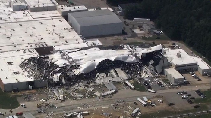 The Pfizer plant is damaged after severe weather passed the area on Wednesday, July 19, 2023 in Rocky Mount, N.C.  (WTVD via AP)