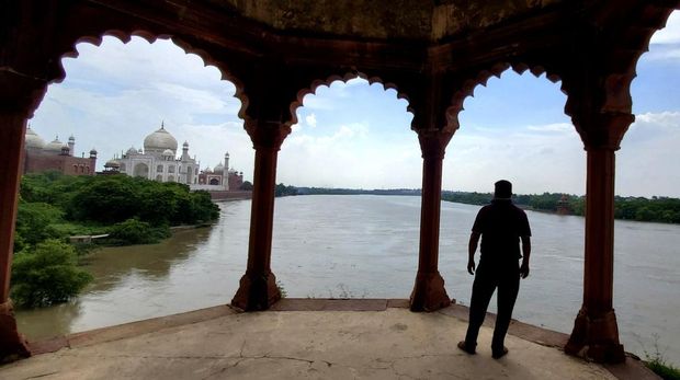 CORRECTS DATE- A swollen Yamuna river rises to the periphery of the Taj Mahal monument in Agra, India, Tuesday, July 18, 2023. (AP Photo/Aryan Kaushik)