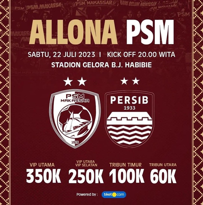 Tiket pertandingan PSM Makassar Vs Persib Bandung di Liga 1 2023/2024 dibuka.