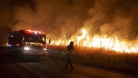 Seorang petugas pemadam kebakaran menyaksikan api mendekati Gilman Springs Road selama Rabbit Fire Jumat malam, 14 Juli 2023, di Moreno Valley, California. WMO mengklaim bahwa El Nino pertama yang muncul dalam tujuh tahun terakhir ini dapat membuat 2023 atau 2024 melampaui rekor suhu pada 2016. Menurut WMO, El Nino akan berlanjut selama paruh kedua 2023 dengan kekuatan sedang melalui probabilitas 90%. AP/Eric Thayer