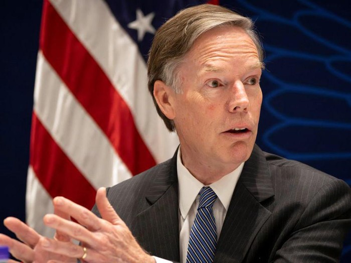 U.S. Ambassador to China Nicholas Burns speaks during a climate finance roundtable discussion at the U.S. Embassy in Beijing, Saturday, July 8, 2023. Mark Schiefelbein/Pool via REUTERS/File Photo