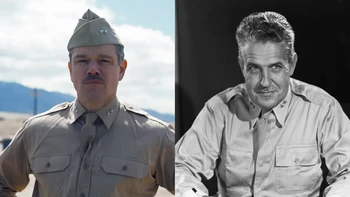 Matt Damon berperan sebagai Leslie Groves. Menurut Atomic Heritage Foundation, Groves adalah perwira Korps Insinyur Angkatan Darat Amerika Serikat dan direktur Proyek Manhattan. Dia bertanggung jawab membuat keputusan penting untuk proyek tersebut dan bertanggung jawab untuk membantu Oppenheimer bekerja di Laboratorium Los Alamos. Foto: PSugar