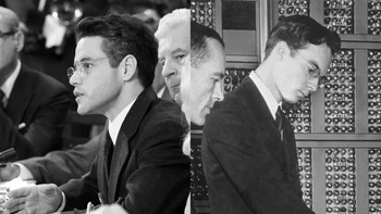 Rami Malek berperan sebagai David L. Hill, fisikawan untuk Met Lab Proyek Manhattan di University of Chicago. Menurut Business Insider, Hill adalah salah satu dari 70 ilmuwan yang menandatangani petisi yang meminta Presiden Truman untuk tidak meledakkan bom yang pada akhirnya akan membunuh ratusan ribu orang di Jepang. Foto: PSugar