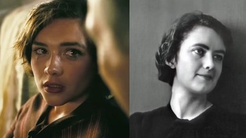 Florence Pugh berperan sebagai kekasih Oppenheimer, Jean Tatlock, yang dia temui bertahun-tahun sebelum menikahi Katherine. Tatlock adalah seorang psikolog dan anggota Partai Komunis. Menurut Atomic Heritage Foundation, Tatlock membantu memulai hubungan Oppenheimer dengan organisasi tersebut. Foto: PSugar