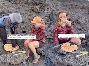 Viral! Wanita Ini Nekat Makan Pizza di Gunung Berapi Aktif