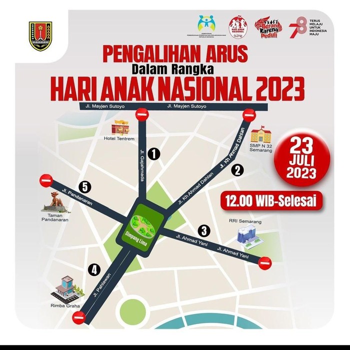 Informasi penutupan jalan saat puncak peringatan Hari Anak Nasional (HAN) 2023 di Lapangan Pancasila Simpang Lima, Kota Semarang, Minggu (23/7/2023).