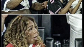 Reaksi Serena Williams saat menyaksikan tendangan bebas Messi. Foto: Twitter