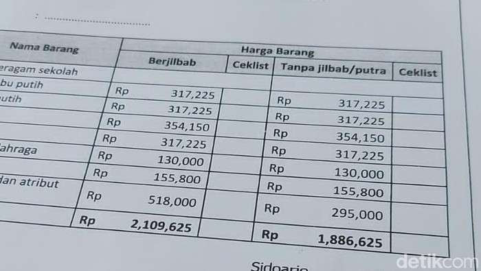 Struk pembelian paket seragam sekolah di salah satu SMA Sidoarjo.