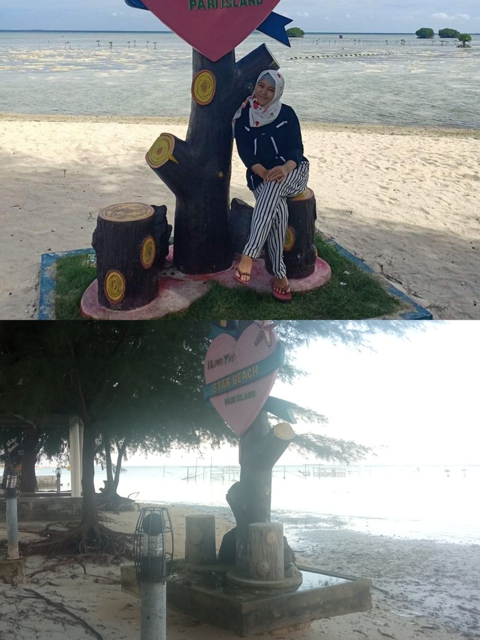 Perbandingan Foto Pantai Bintang, Pulau Pari. Perbandingan foto di Pantai Bintang, Pulau Pari, pada 2018 (atas) dan 2023 (bawah).
