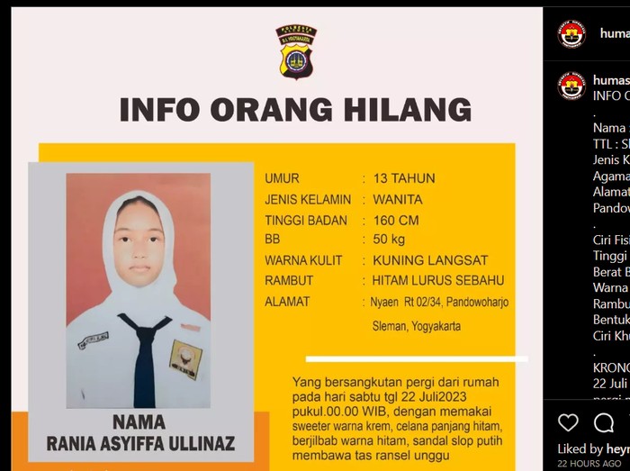 Rania Asyiffa Ullinaz asal Pandowoharjo, Sleman, dilaporkan hilang. Foto diunggah Minggu (23/7/2023).