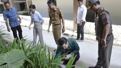 Bupati Klungkung I Nyoman Suwirta pungut puntung rokok yang ditemukan banyak di lorong-lorong hotel Wyndham Tamansari Jivva Resort, di Lepang, Klungkung, Senin (24/7/2023).