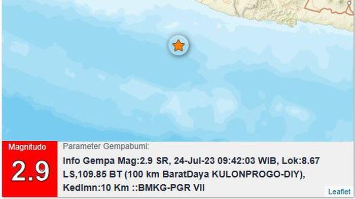 Gempa M 2,9 guncang perairan Kulon Progo, Senin (24/7/2023).