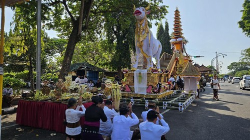 Keluarga besar Puri Agung Gianyar menggelar pelebon untuk Ida Anak Agung Istri Sri Mas yang merupakan permaisuri Raja Gianyar terakhir Anak Agung Gede Oka, Senin (24/7/2023). (Putu Krista/detikBali)