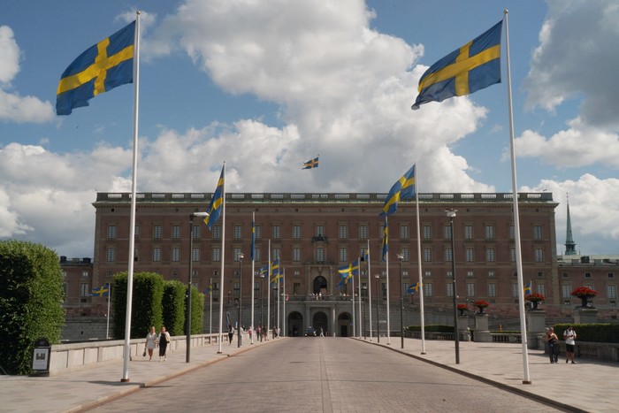 Swedish flags are seen along the road leading to the Royal Palace in Stockholm, Sweden, July 14, 2023. REUTERS/Tom Little