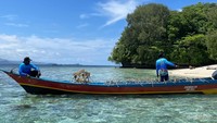 Dua nelayan melabuhkan perahu di bibir pantai Pulau Meoskun, Raja Ampat