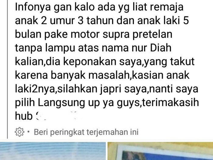 Tangkapan layar postingan keluarga hilang.