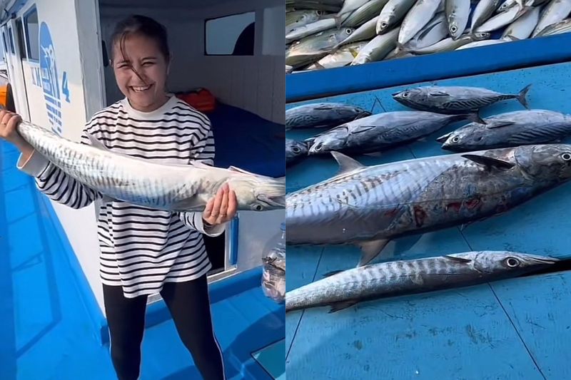 Prilly Latuconsina berhasil memancing ikan tenggiri berukuran besar