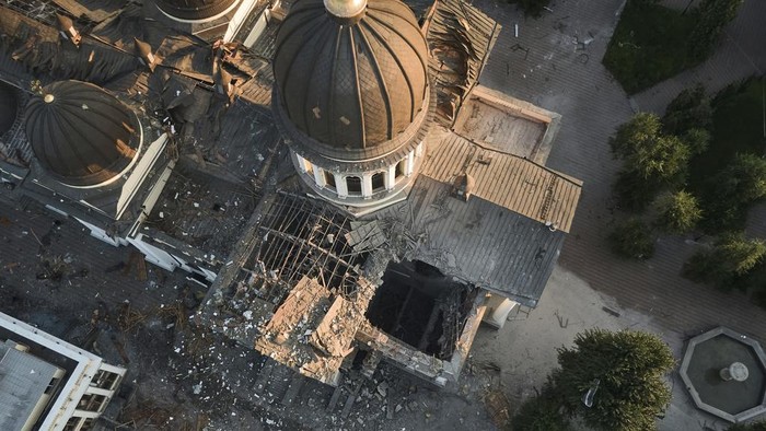 The Odesa Transfiguration Cathedral is seen heavily damaged following Russian missile attacks in Odesa, Ukraine, Sunday, July 23, 2023. (AP Photo/Libkos)