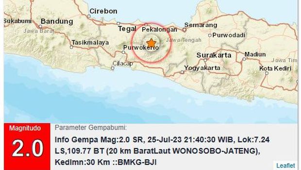 Gempa M 2 di Wonosobo, Selasa (25/7/2023) malam.