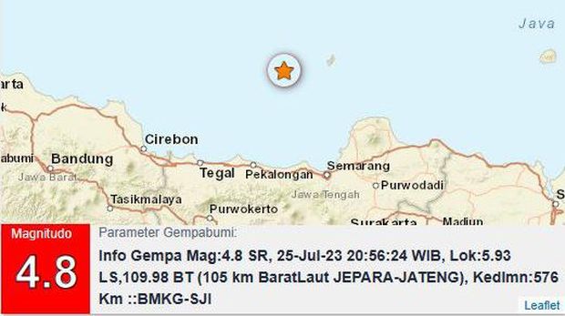 Gempa M 4,8 di barat laut Jepara, Selasa (25/7/2023) malam.