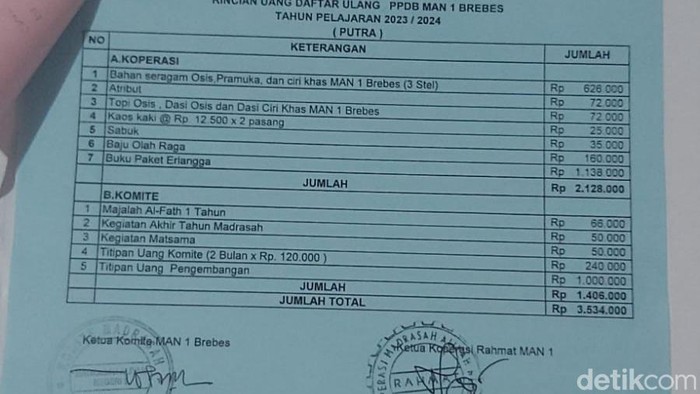Kuitansi pungutan di MAN 1 Brebes senilai sekitar Rp 3,5 juta. Foto diunggah Selasa (25/7/2023).