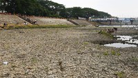 Sejumlah warga bersantai di kawasaan Sungai Madiun di Kota Madiun, Jawa Timur, Selasa (25/7/2023). Sungai Madiun yang merupakan anak sungai Bengawan Solo itu sejak sebulan terakhir airnya terus menyusut hingga sebagian dasarnya mengering akibat musim kemarau. ANTARA FOTO/Siswowidodo