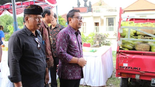 Wakil Wali Kota Denpasar, I Kadek Agus Arya Wibawa ketika mengunjungi Pasar Murah di Lapangan Fasos Fasum, Denpasar, Bali pada Selasa (25/7/2023)