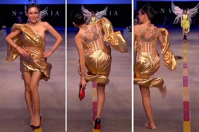 Artis yang kerap menuai sensasi ini membuat heboh lantai catwalk JF3 dengan membuka sepatu saat berbalik menuju belakang panggung. Nikita pun mengakhiri penampilannya tanpa alas kaki alias nyeker. Foto: Dok. JF3