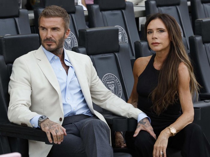 Jul 25, 2023; Fort Lauderdale, FL, USA; Inter Miami CF co-owner David Beckham and wife Victoria Beckham look on before the game between Inter Miami CF and Atlanta United at DRV PNK Stadium. Mandatory Credit: Jasen Vinlove-USA TODAY Sports