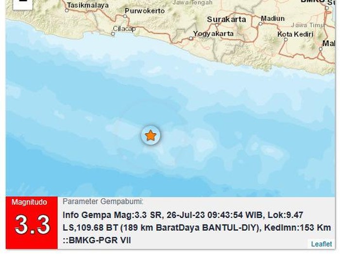 Gempa M 3,3 guncang barat daya Bantul, Rabu (26/7/2023).