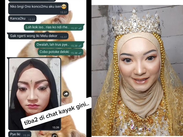 Makeup artist mengunggah riasan seorang pengantin dan memperbaiki riasannya.