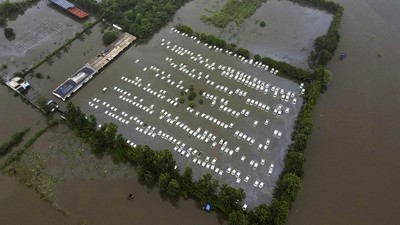 Penampakan Gudang Mobil Terendam Banjir di India