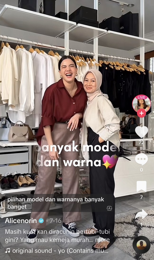 Alice Norin diketahui memiliki bisnis fashion. Ia pun menjual busana wanita lewat live streaming. Foto: Tiktok @alicenorin
