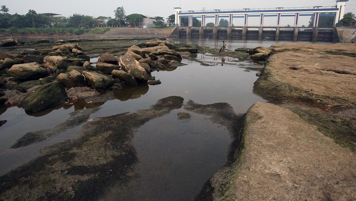 Sungai Cisadane Menyurut Gegara Kemarau dan Pintu Air Jebol Warga berjalan di kawasan sungai Cisadane yang airnya mulai surut di kawasan Pintu Air 10, Tangerang, Banten, Selasa (25/7/2023). Surutnya air sungai Cisadane sudah terjadi sejak satu bulan terakhir karena tidak adanya hujan di wilayah Tangerang dan berkurangnya debit air kiriman dari Bogor. ANTARA FOTO/Muhammad Iqbal/nym.