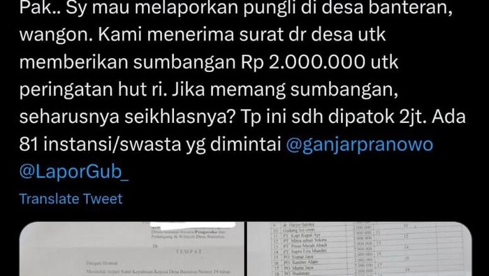 Unggahan di Twitter soal dugaan pungli di Desa Banteran, Banyumas. Foto diunggah Rabu (26/7/2023).