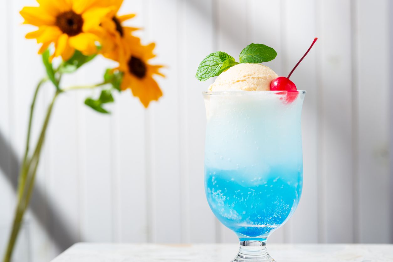 It's a blue soda topped with vanilla ice cream,cherry and spearmint