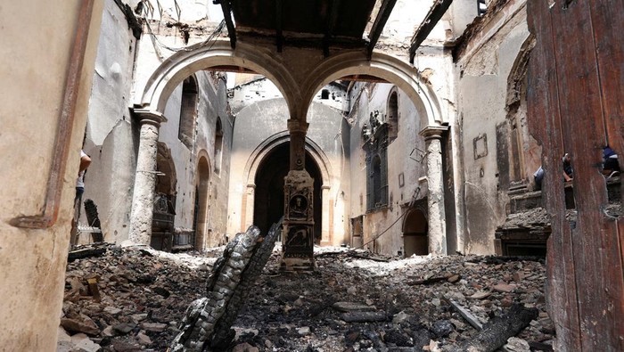 General view of the interior of Santa Maria di Gesu church after it was damaged by a wildfire in the Sicilian town of Palermo, Italy July 26, 2023. REUTERS/Alberto Lo Bianco NO RESALES. NO ARCHIVES