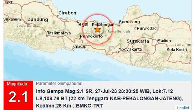 Gempa M 2,1 di Pekalongan, Kamis (27/7/2023) malam.