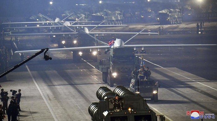 This photo provided by the North Korean government, shows what it says attack drones during a military parade to mark the 70th anniversary of the armistice that halted fighting in the 1950-53 Korean War, on Kim Il Sung Square in Pyongyang, North Korea Thursday, July 27, 2023. Independent journalists were not given access to cover the event depicted in this image distributed by the North Korean government. The content of this image is as provided and cannot be independently verified. Korean language watermark on image as provided by source reads: 