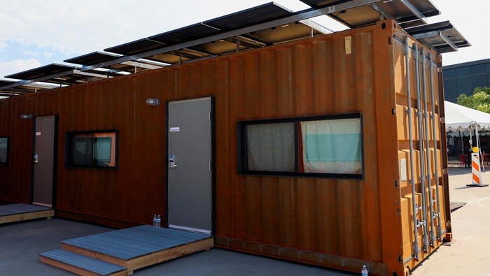 Shipping containers turned into shelters for the homeless are seen in Phoenix, Arizona, U.S., July 27, 2023. 
