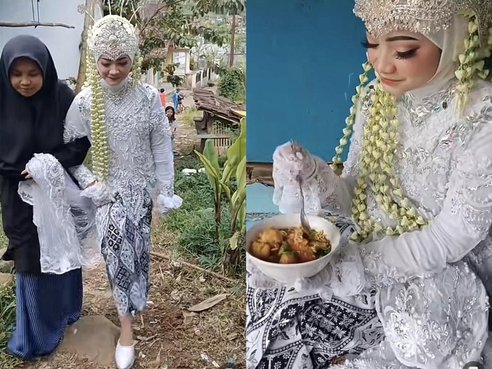 MUA ini merekam momen pengantin wanita yang pergi membeli seblak, padahal masih mengenakan kebaya dan siger Sunda.