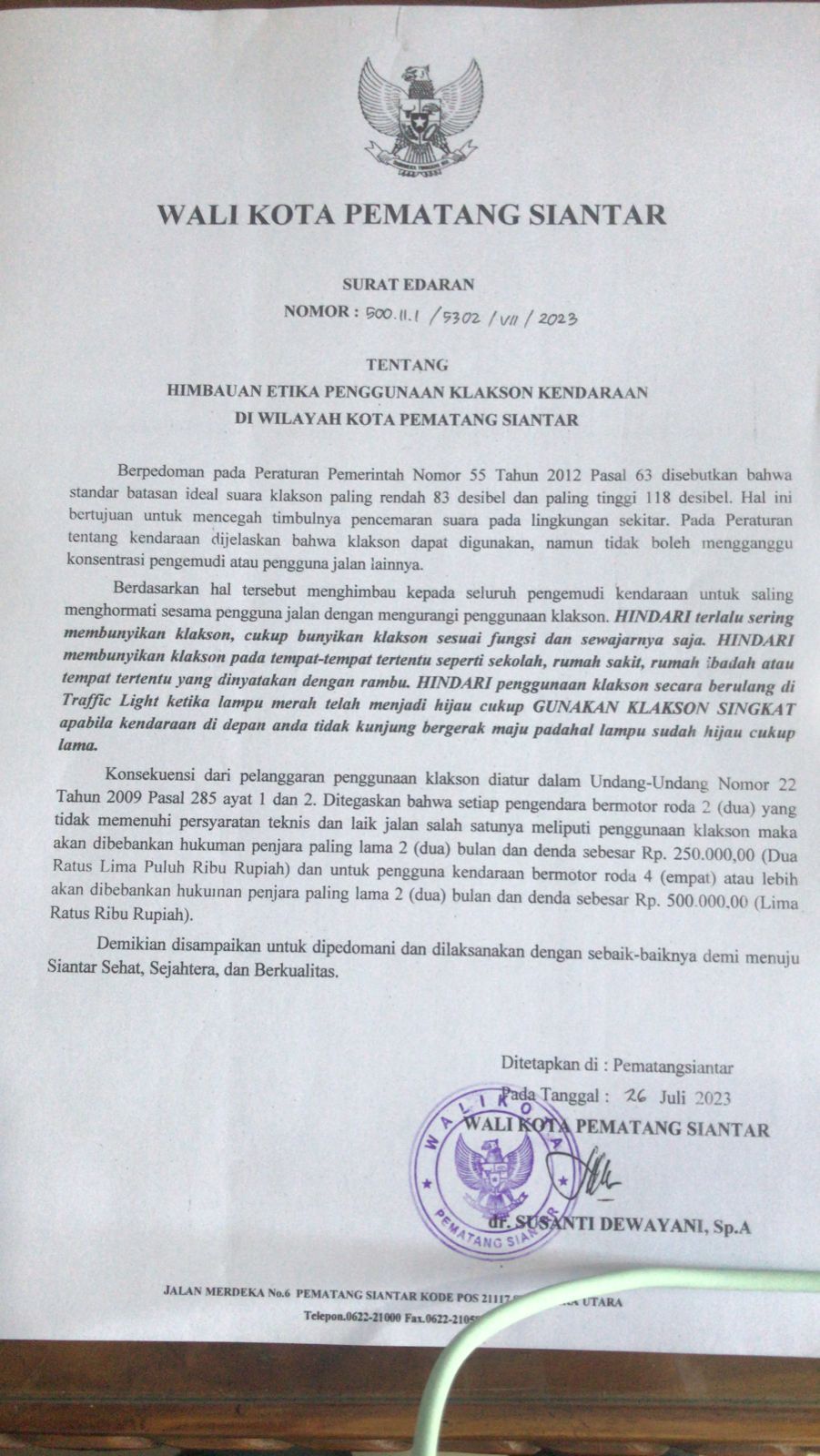 SE larangan membunyikan klakson terlalu sering. (Foto: Istimewa)